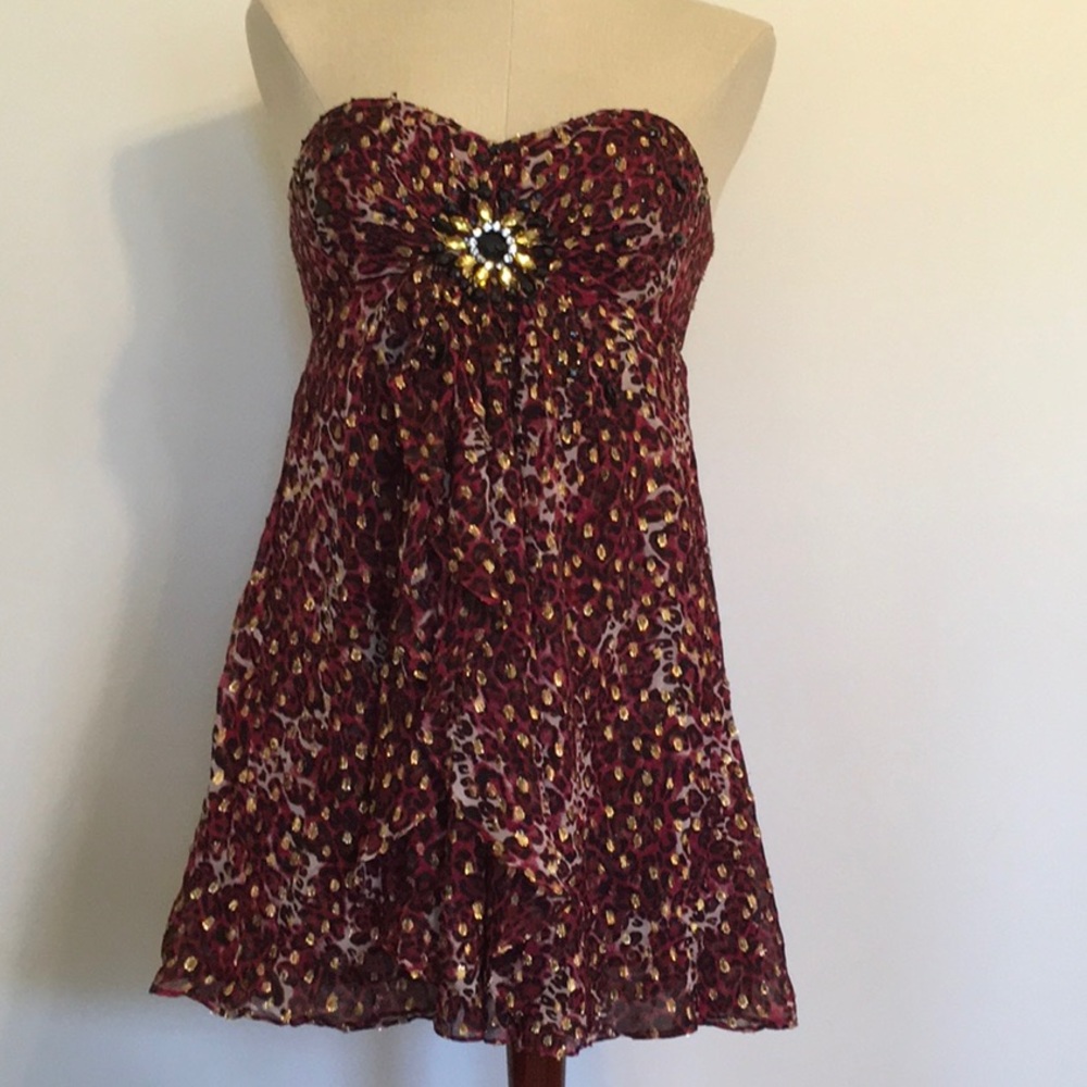 Bebe Strapless Animal Print Silk Mini Dress Sz S